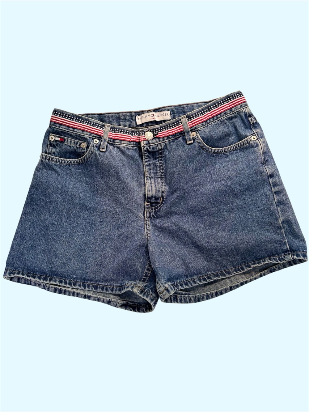 Vintage 90s Tommy Hilfiger Jeans Denim Shorts Jorts American Flag Detail Size 30